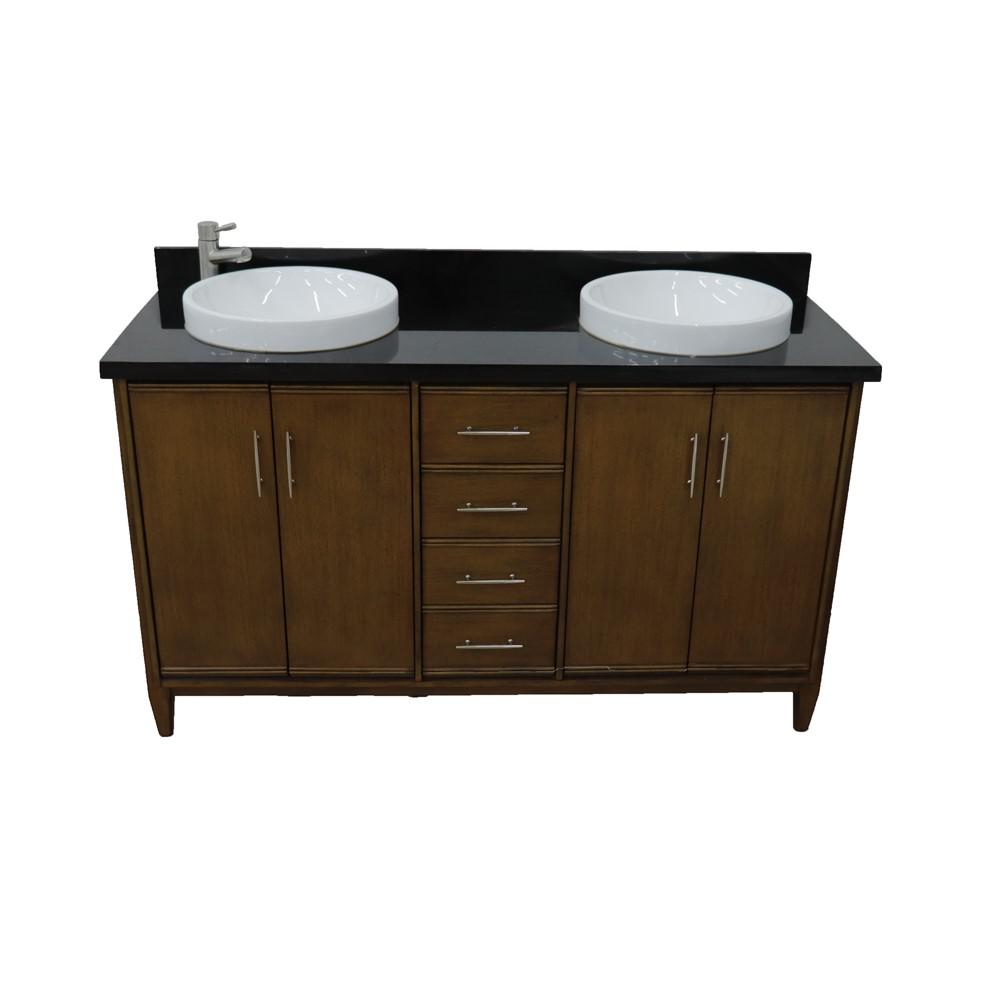 Double sink vanity in Walnut with Black galaxy granite and rectangle sink. Picture 28