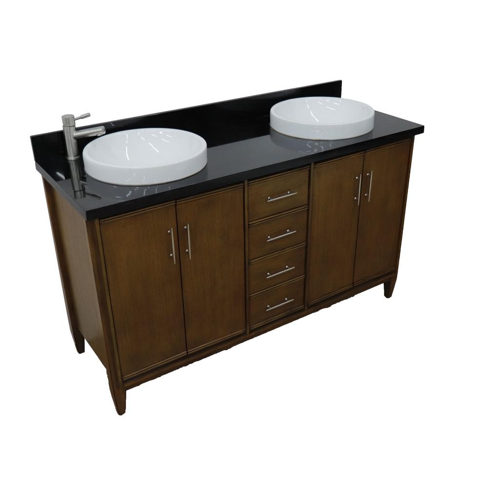 Double sink vanity in Walnut with Black galaxy granite and rectangle sink. Picture 29