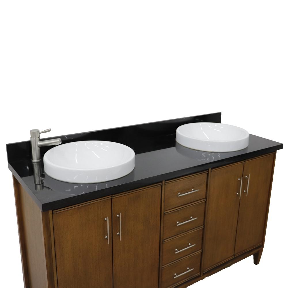 Double sink vanity in Walnut with Black galaxy granite and rectangle sink. Picture 30