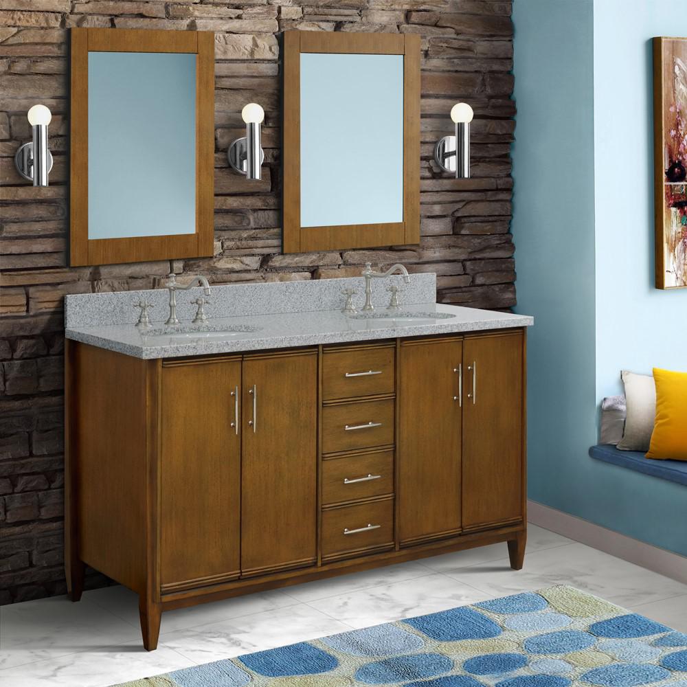 61 Double sink vanity in Walnut finish with Gray granite and oval sink. Picture 2