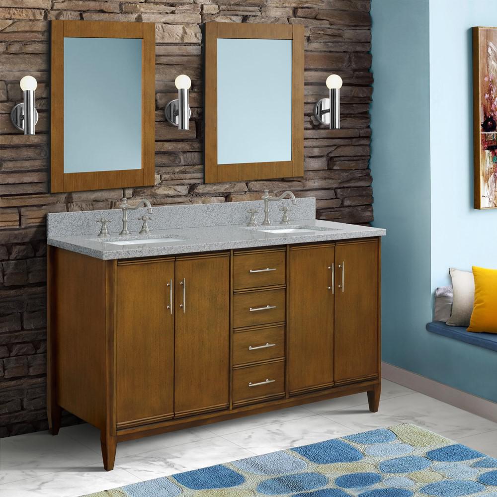 61 Double sink vanity in Walnut finish with Gray granite and rectangle sink. Picture 2