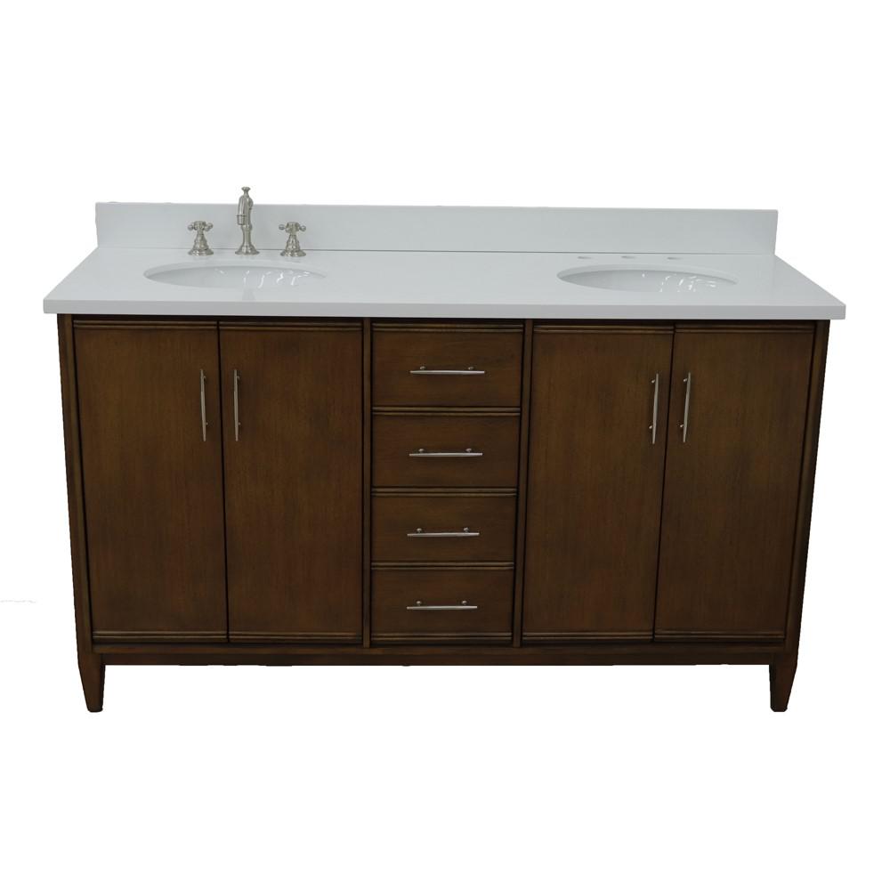 61 Double sink vanity in Walnut finish with White quartz and oval sink. Picture 11