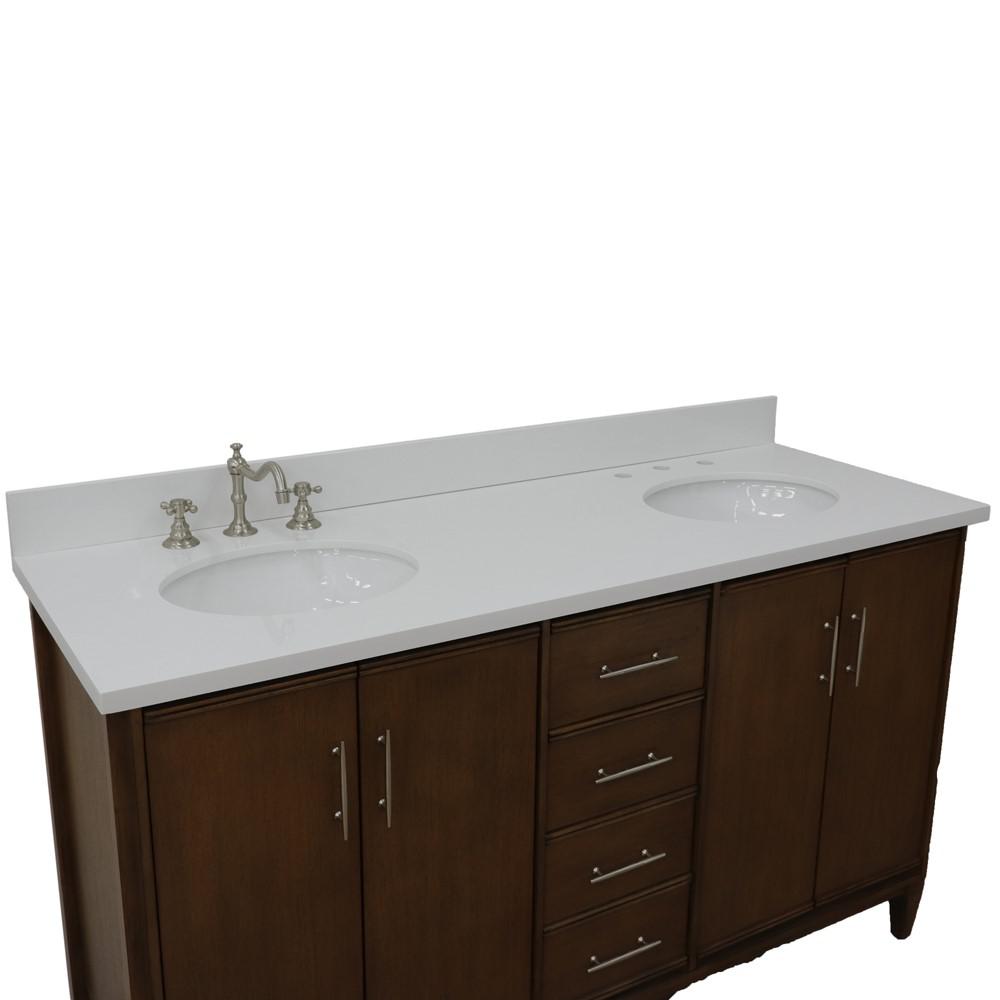 61 Double sink vanity in Walnut finish with White quartz and oval sink. Picture 13