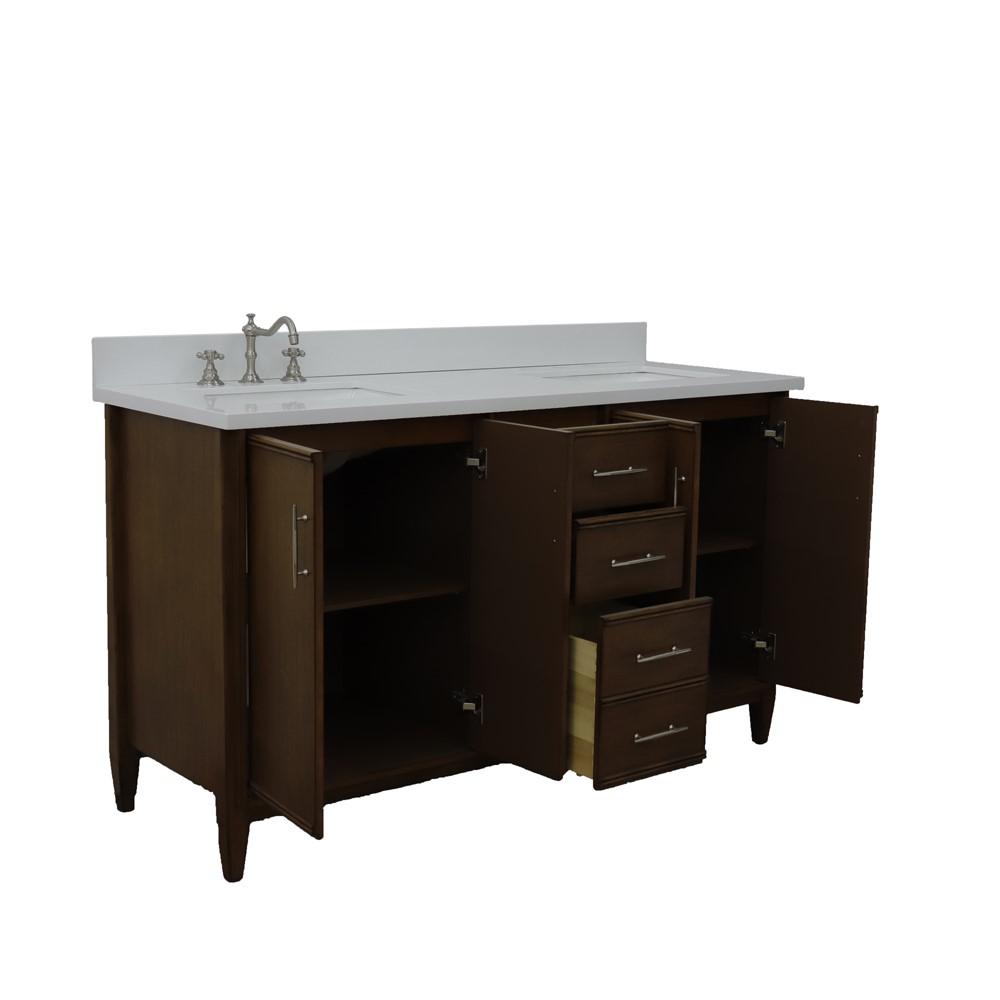 61 Double sink vanity in Walnut finish with White quartz and rectangle sink. Picture 8