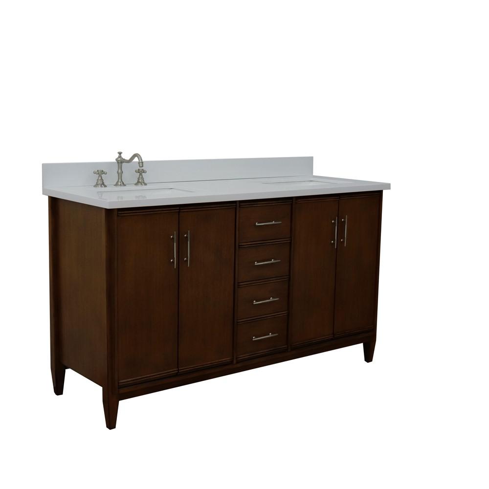 61 Double sink vanity in Walnut finish with White quartz and rectangle sink. Picture 9