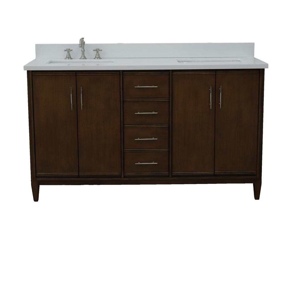 61 Double sink vanity in Walnut finish with White quartz and rectangle sink. Picture 10