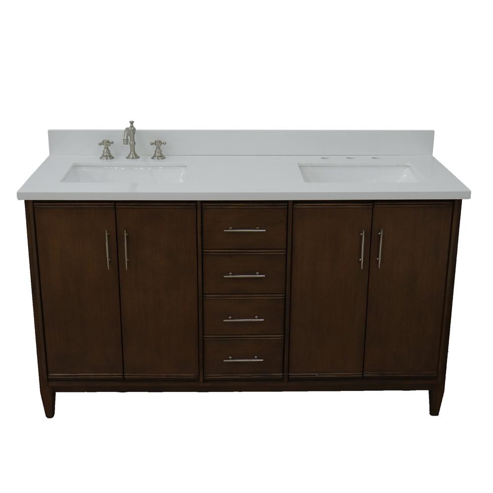 61 Double sink vanity in Walnut finish with White quartz and rectangle sink. Picture 11