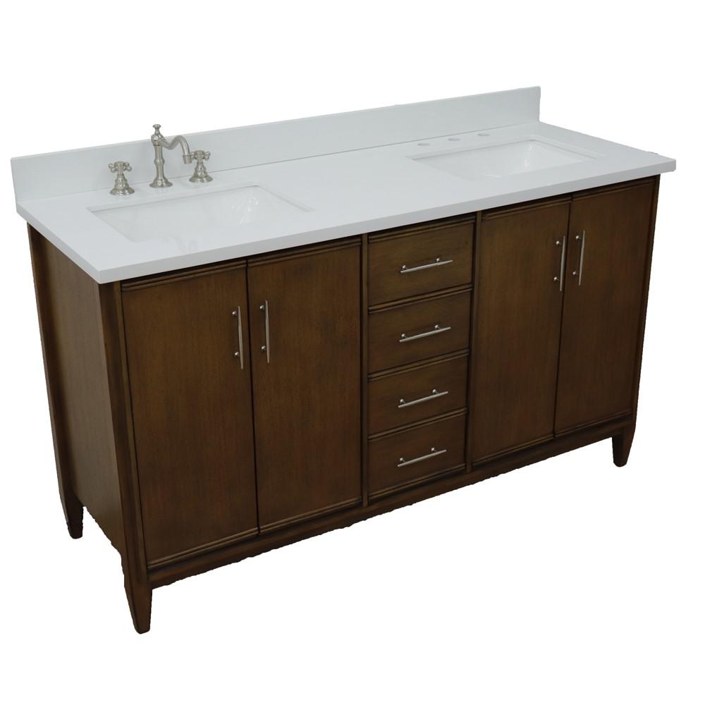 61 Double sink vanity in Walnut finish with White quartz and rectangle sink. Picture 12