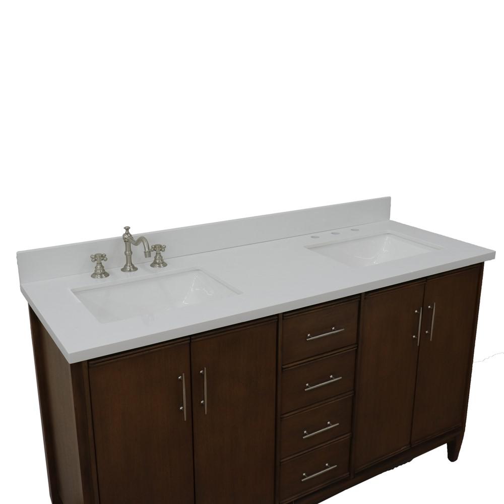 61 Double sink vanity in Walnut finish with White quartz and rectangle sink. Picture 13