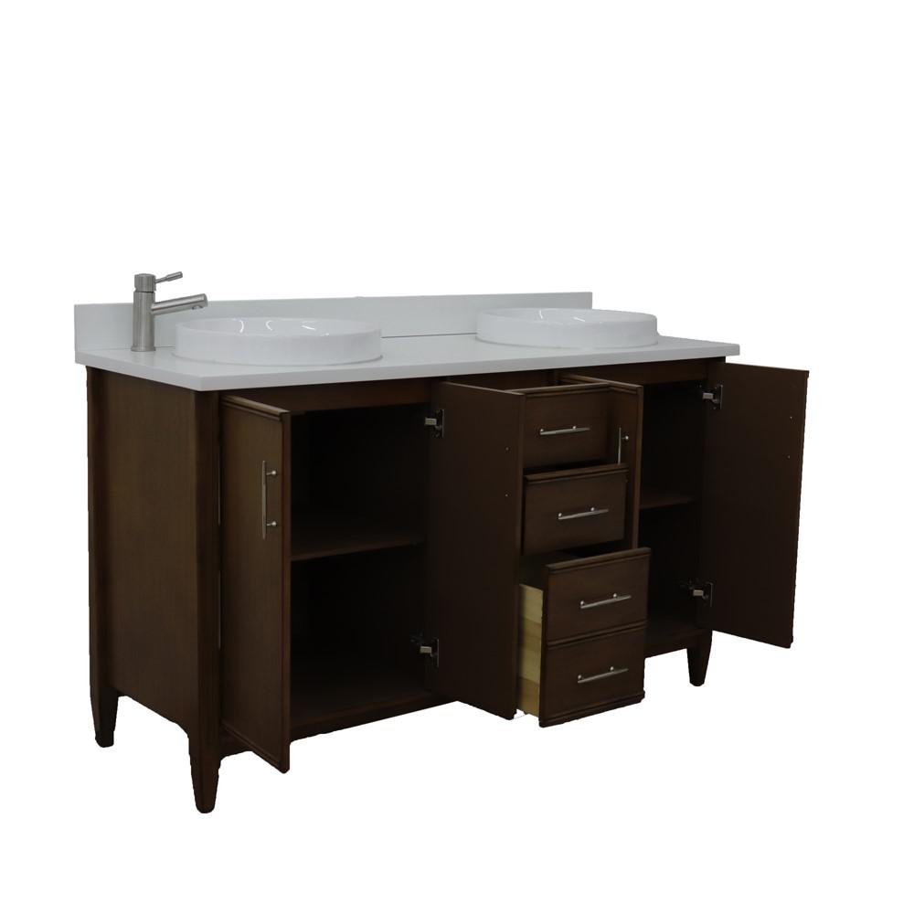 61 Double sink vanity in Walnut finish with White quartz and rectangle sink. Picture 24