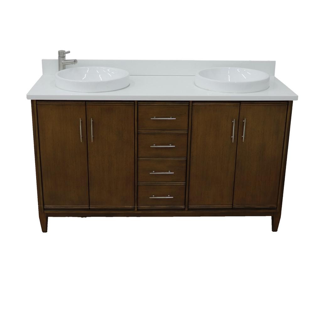 61 Double sink vanity in Walnut finish with White quartz and rectangle sink. Picture 27