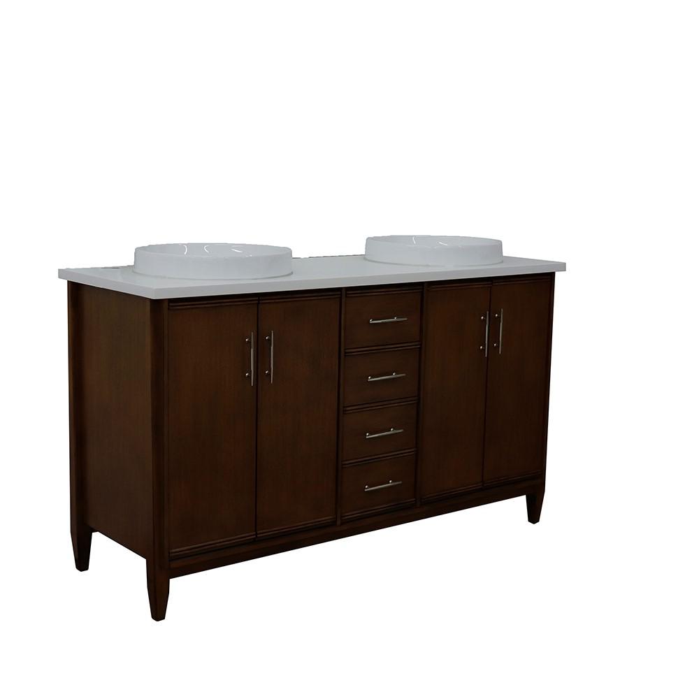 61 Double sink vanity in Walnut finish with White quartz and rectangle sink. Picture 1
