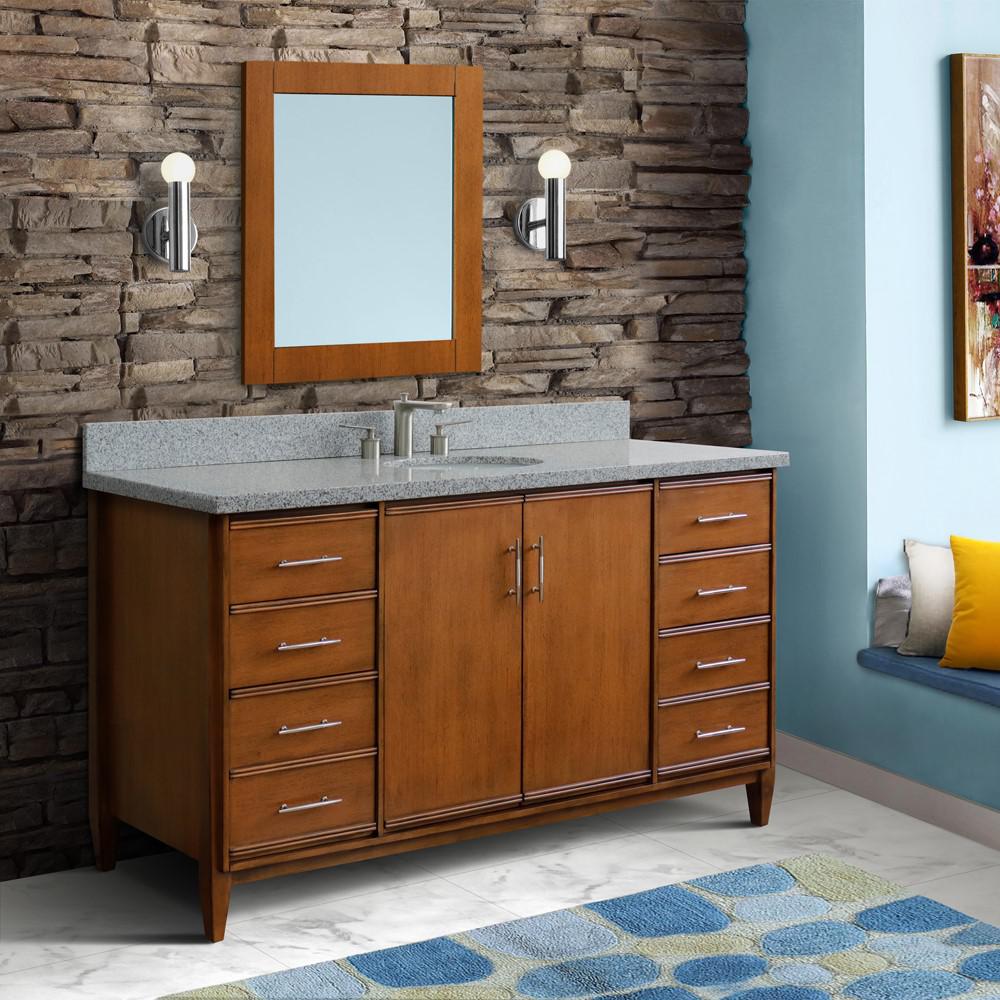 61 Single sink vanity in Walnut finish with Gray granite and oval sink. Picture 2