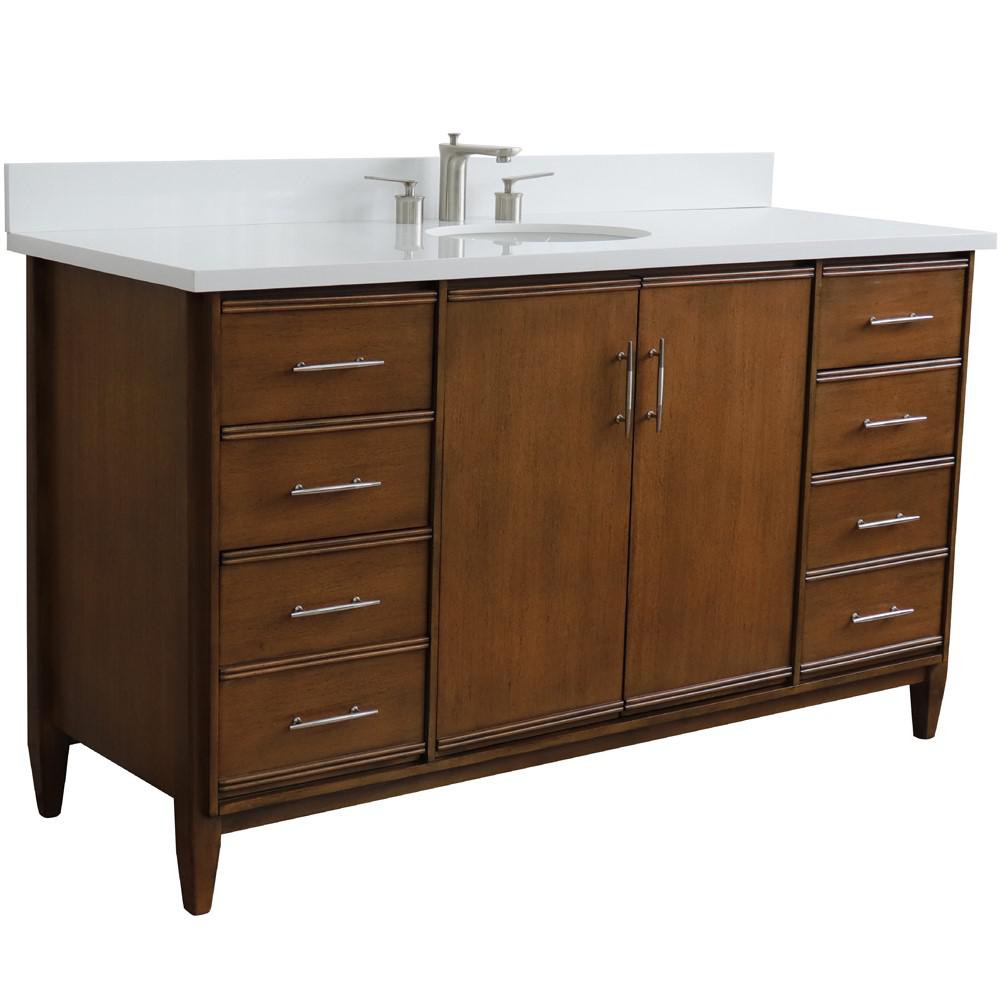 61 Single sink vanity in Walnut finish with White quartz and oval sink. Picture 4