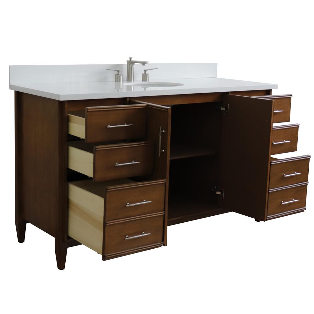 61 Single sink vanity in Walnut finish with White quartz and oval sink. Picture 5