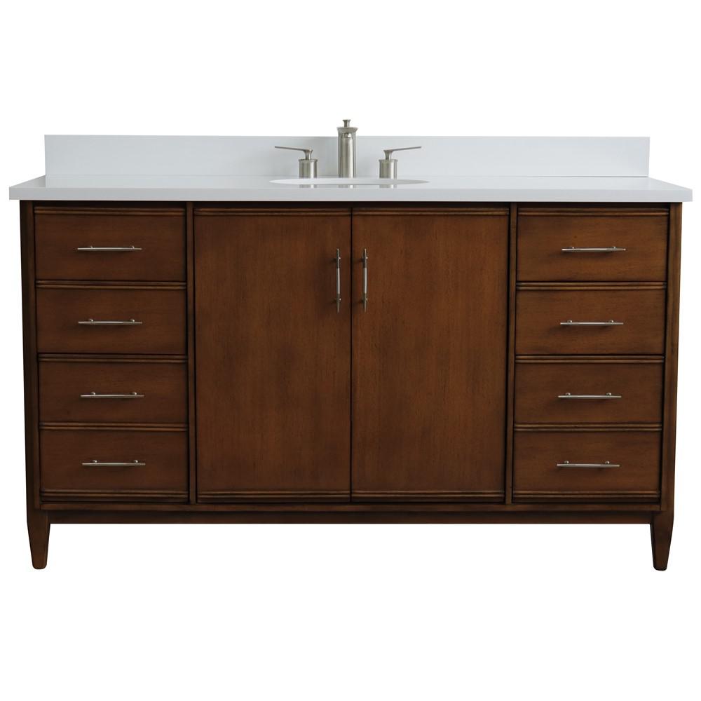 61 Single sink vanity in Walnut finish with White quartz and oval sink. Picture 6