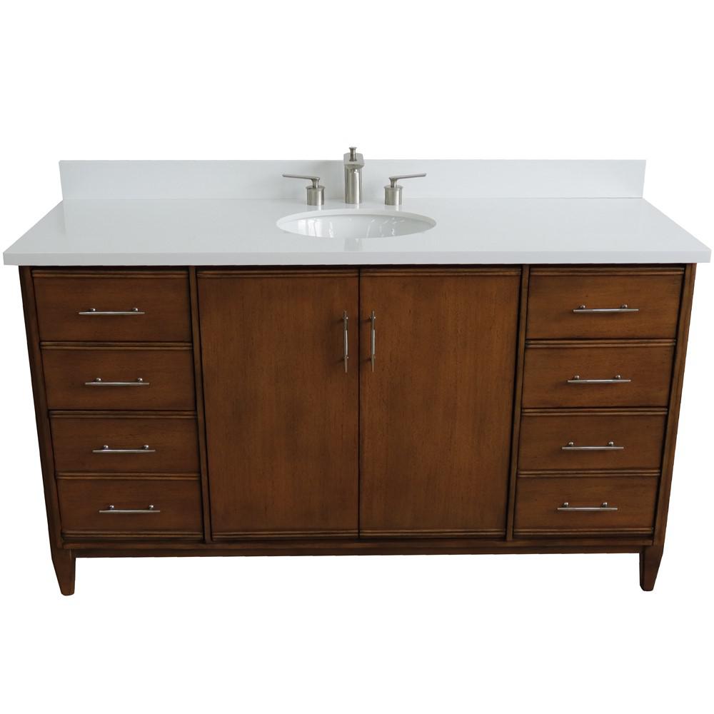 61 Single sink vanity in Walnut finish with White quartz and oval sink. Picture 8