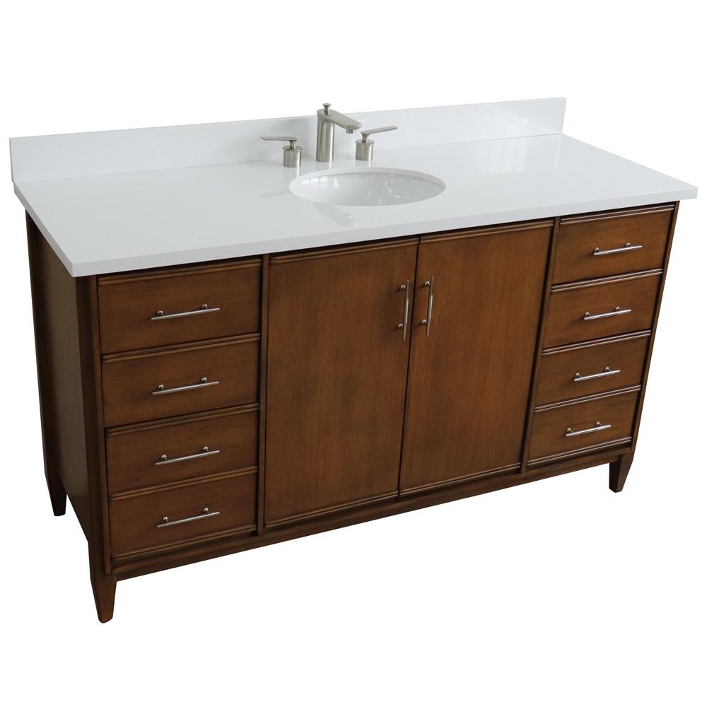 61 Single sink vanity in Walnut finish with White quartz and oval sink. Picture 9