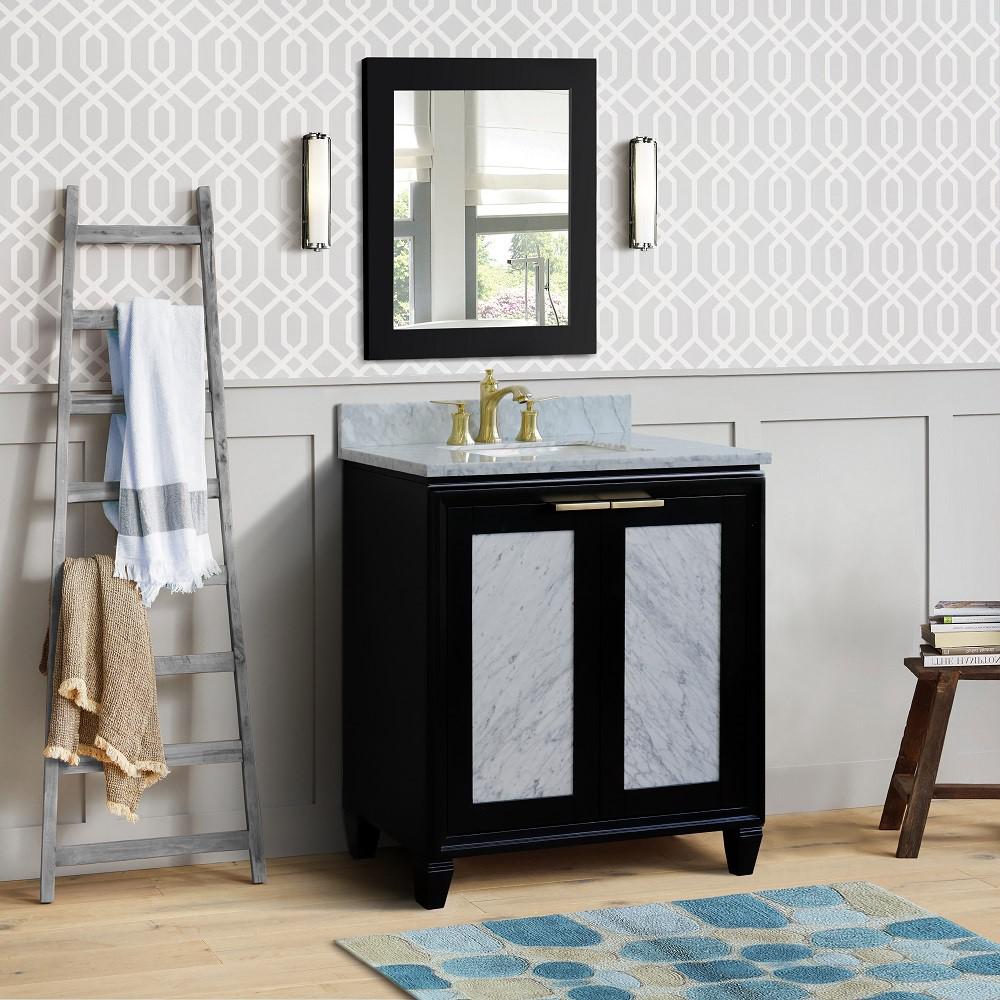 Single sink vanity in Black with White Carrara marble with rectangle sink. Picture 2