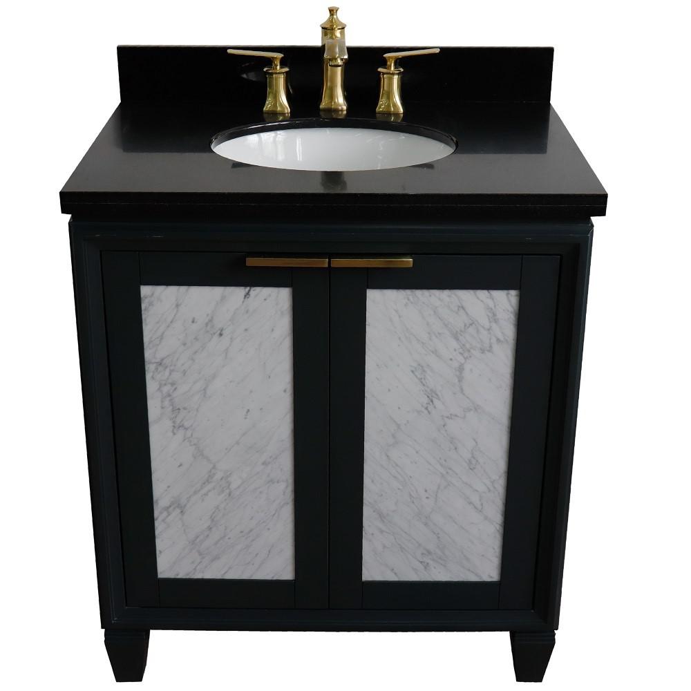 Single sink vanity in Dark Gray with Black galaxy granite with oval sink. Picture 9
