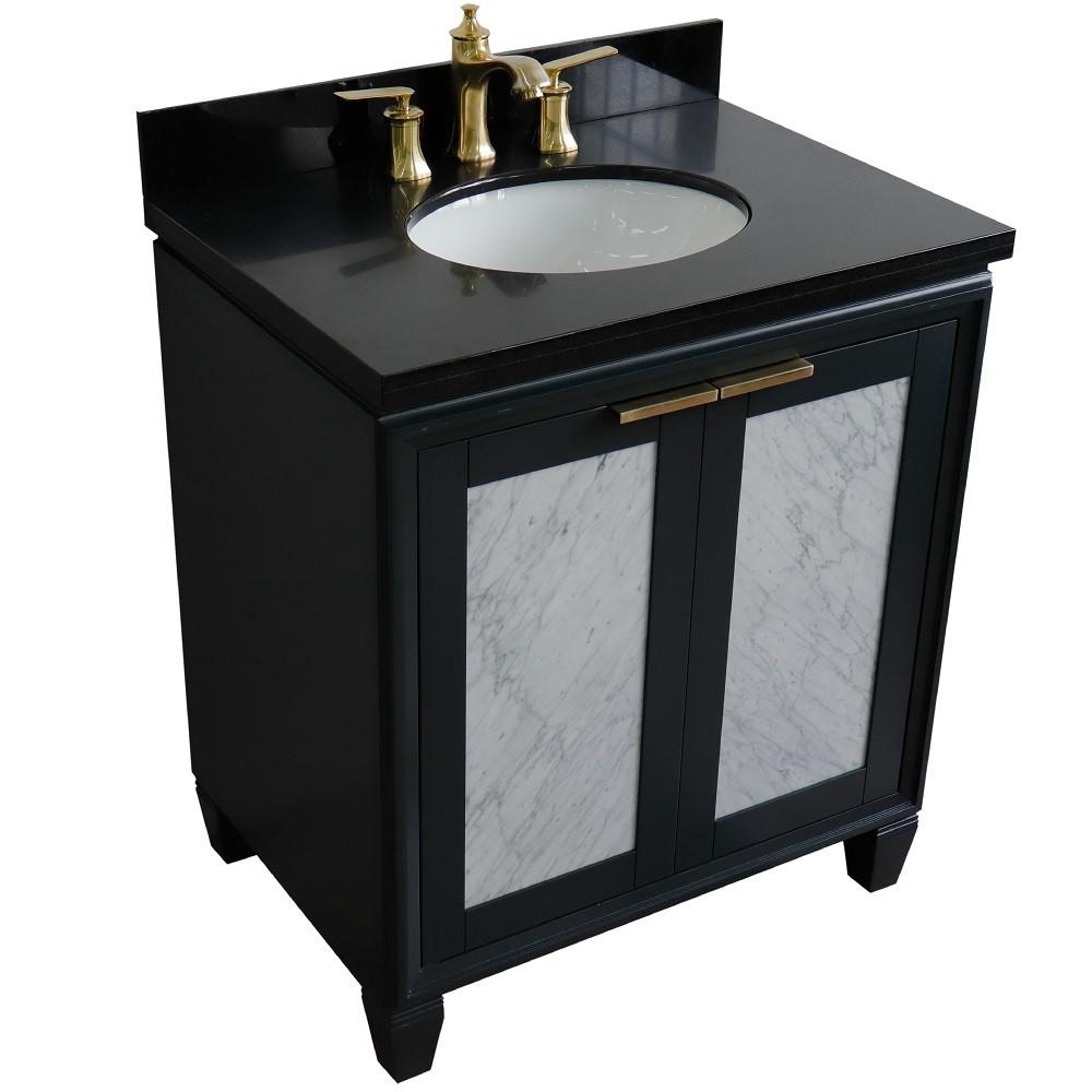 Single sink vanity in Dark Gray with Black galaxy granite with oval sink. Picture 10