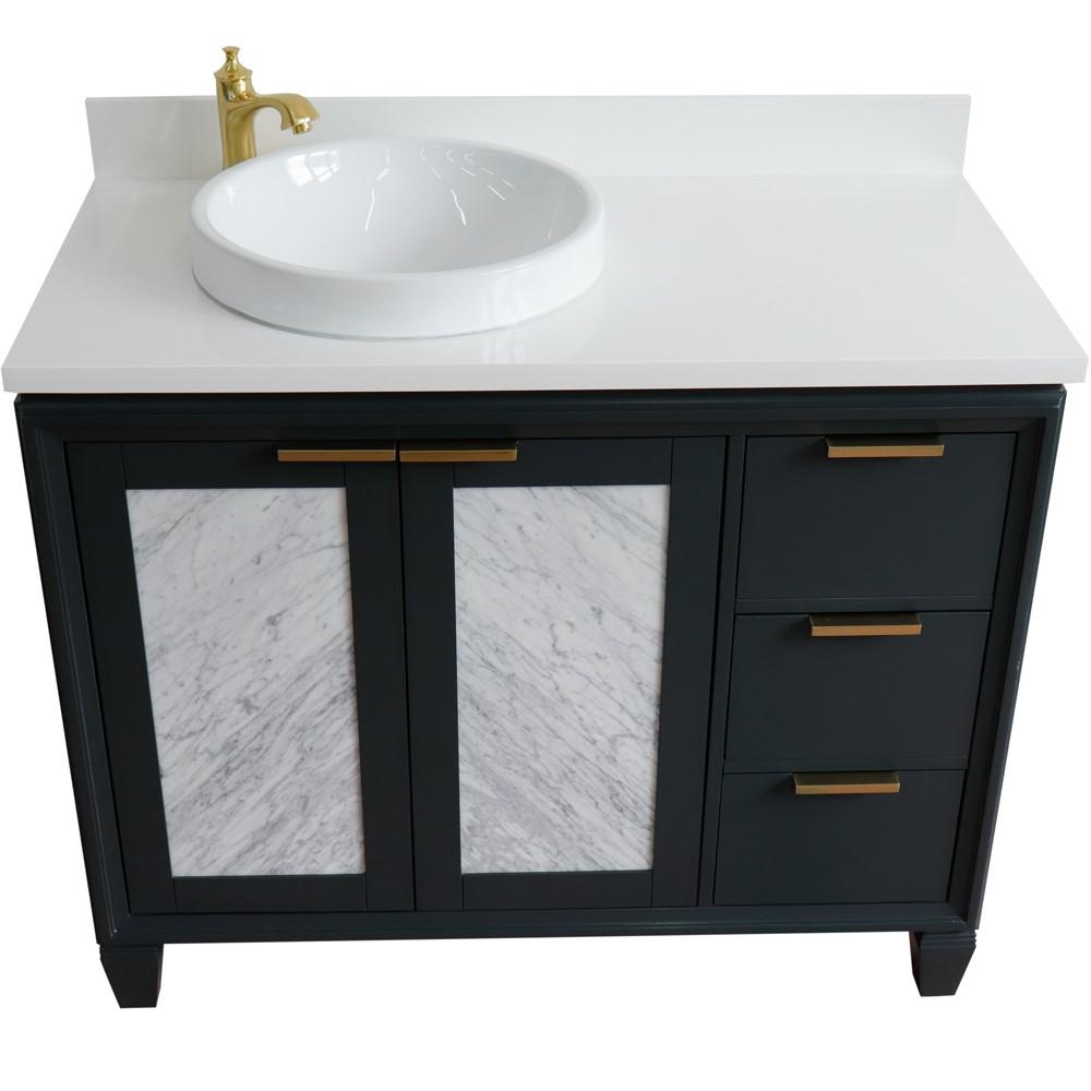 Single vanity in Dark Gray with White quartz and round sink- door/sink. Picture 11