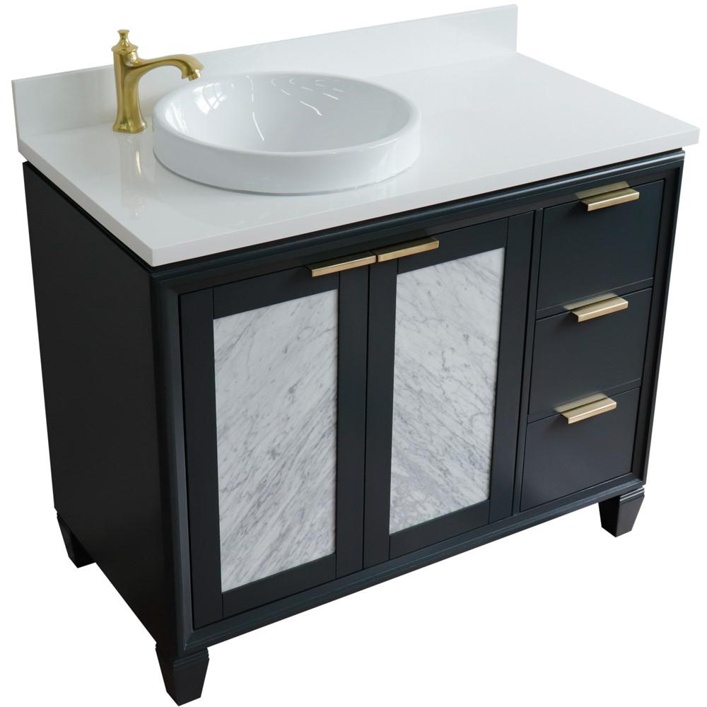 Single vanity in Dark Gray with White quartz and round sink- door/sink. Picture 12