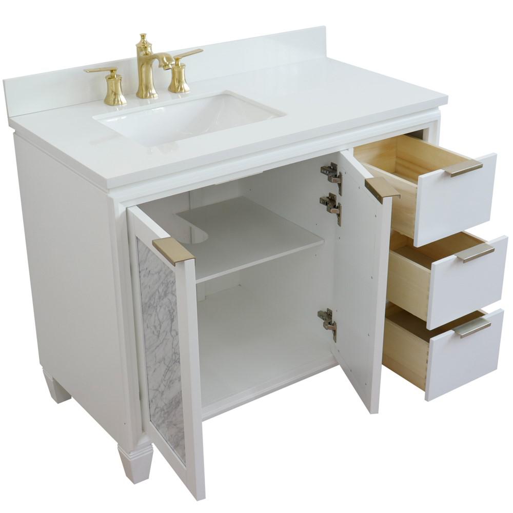 Single vanity in White with White quartz and rectangle sink- door/sink. Picture 13