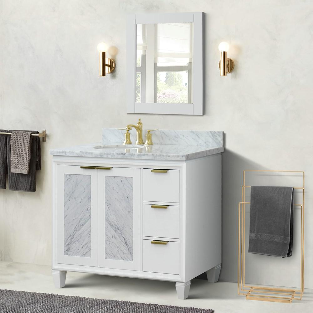 Single vanity in White with White Carrara and oval sink- Left door/Left sink. Picture 2