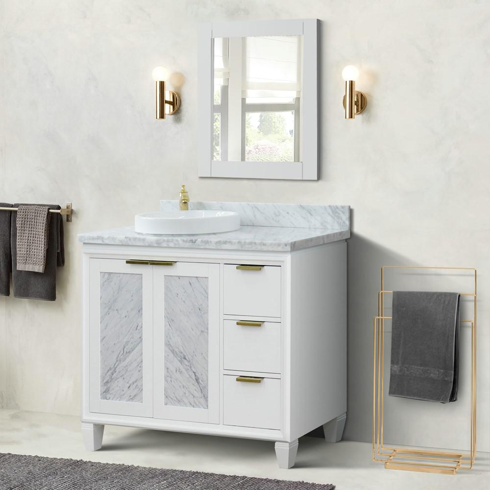 Single vanity in White with White Carrara and round sink- door/sink. Picture 2