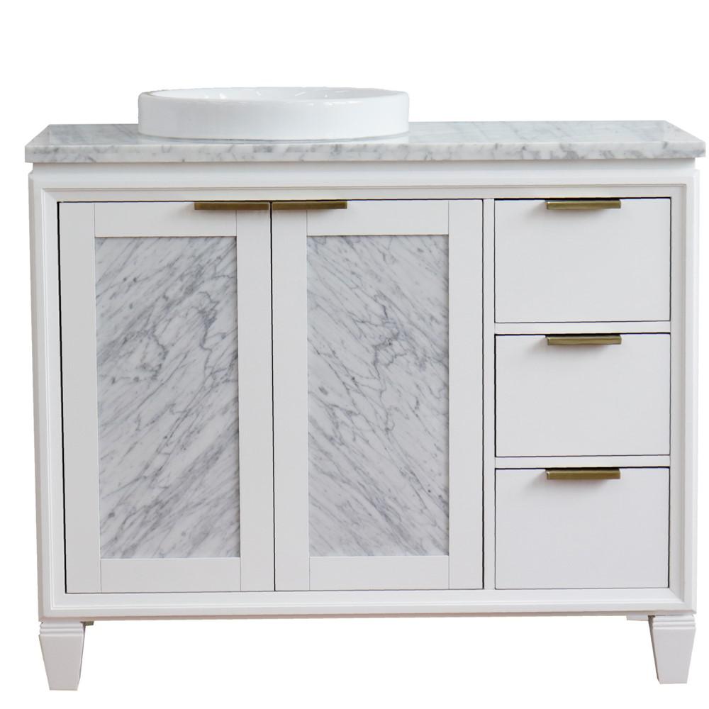 Single vanity in White with White Carrara and round sink- door/sink. Picture 14