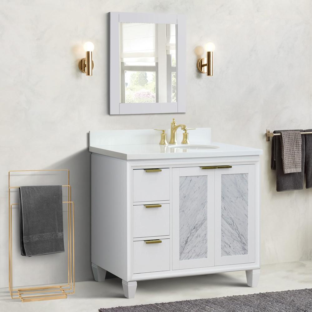 Single vanity in White with White quartz and oval sink. Picture 2