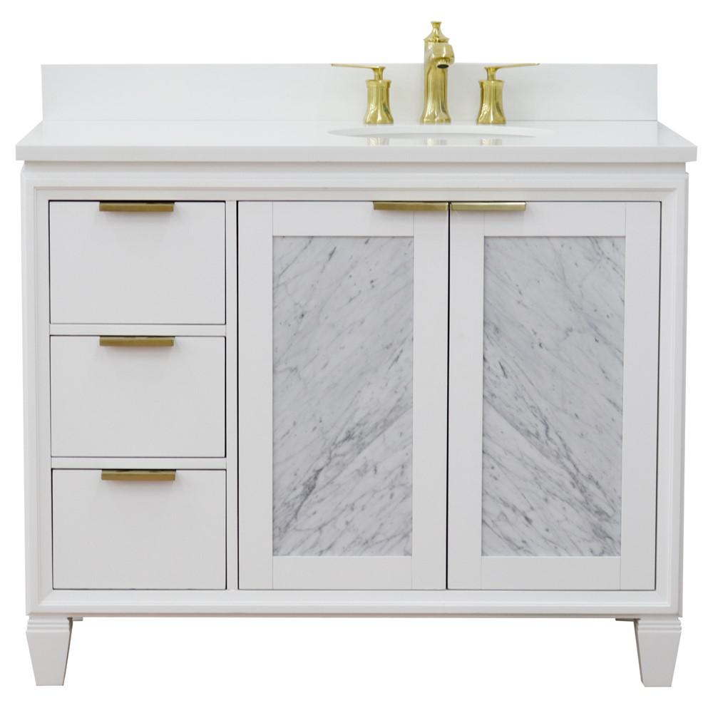 Single vanity in White with White quartz and oval sink. Picture 8