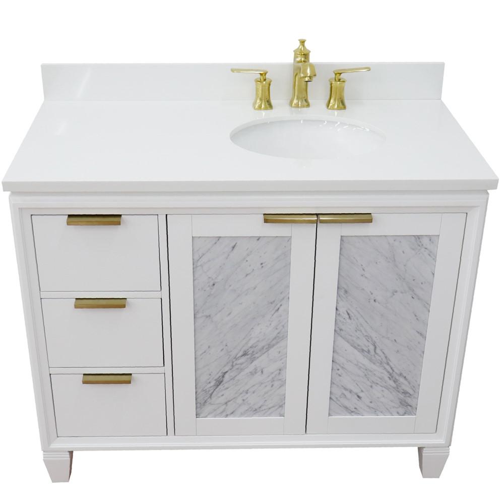 Single vanity in White with White quartz and oval sink. Picture 11