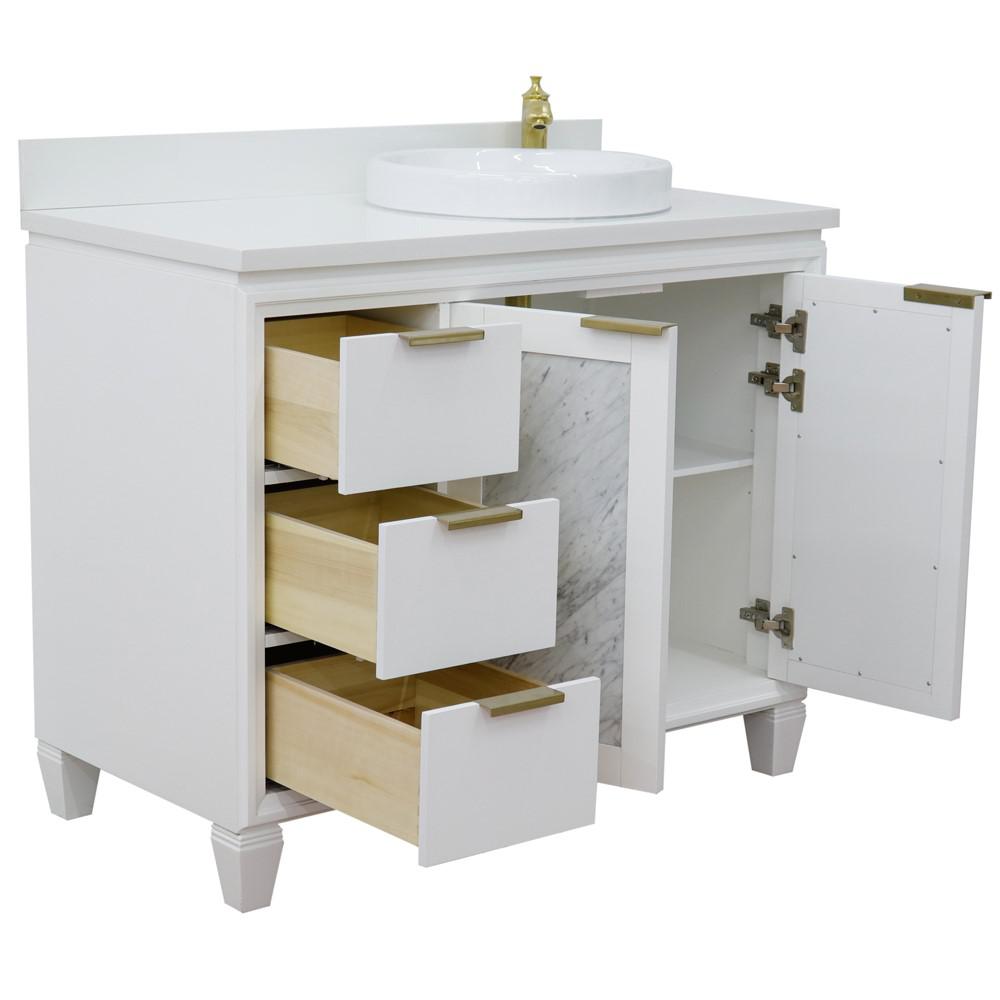 Single vanity in White with White quartz and round sink. Picture 7