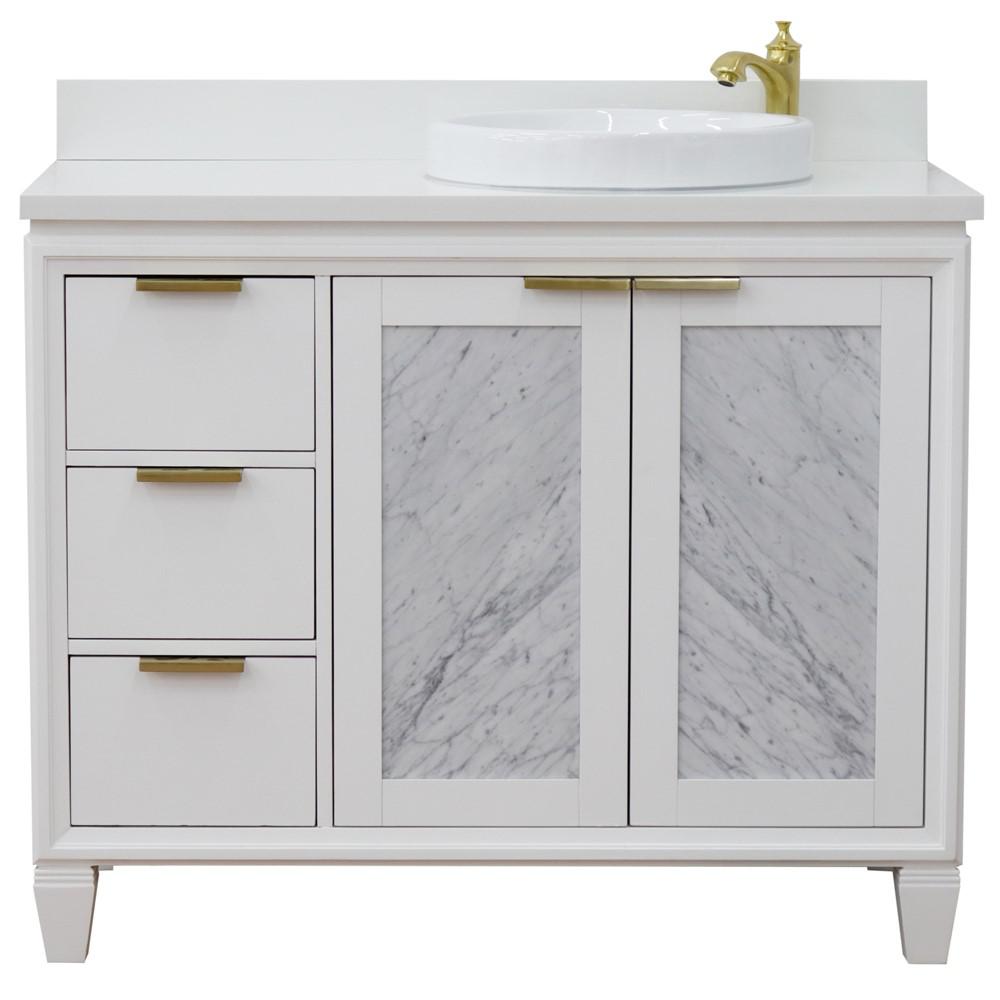 Single vanity in White with White quartz and round sink. Picture 8