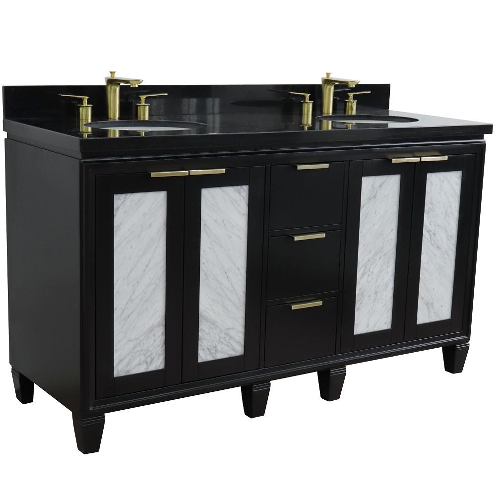 61 Double sink vanity in Black finish with Black galaxy granite and oval sink. Picture 4