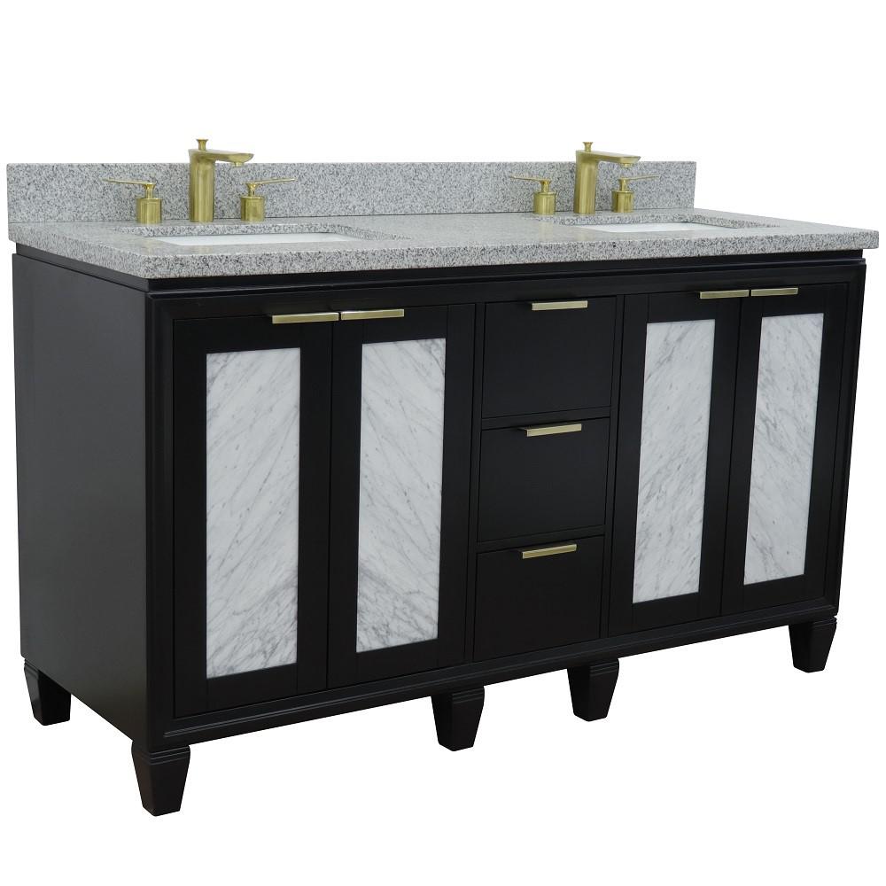 61 Double sink vanity in Black finish with Gray granite and rectangle sink. Picture 5