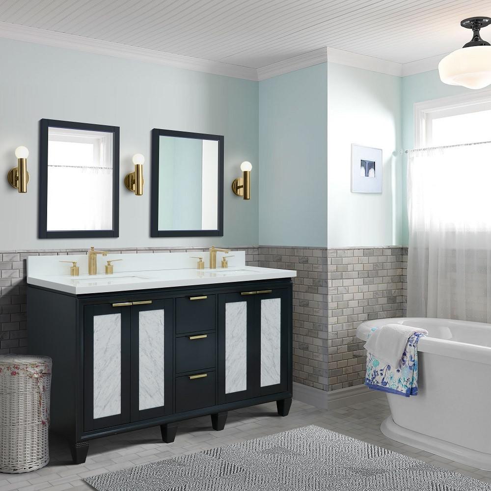 61 Double sink vanity in Dark Gray finish with White quartz and rectangle sink. Picture 2