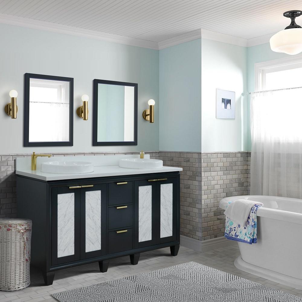 61 Double sink vanity in Dark Gray finish with White quartz and rectangle sink. Picture 16