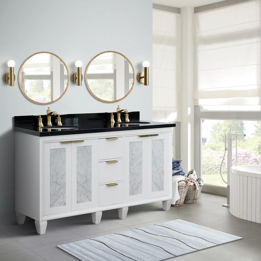 61 Double sink vanity in White finish with Black galaxy granite and oval sink. Picture 2