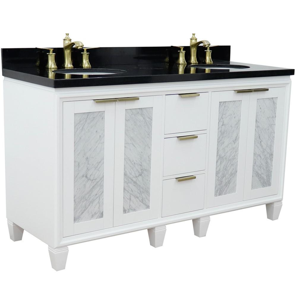 61 Double sink vanity in White finish with Black galaxy granite and oval sink. Picture 6