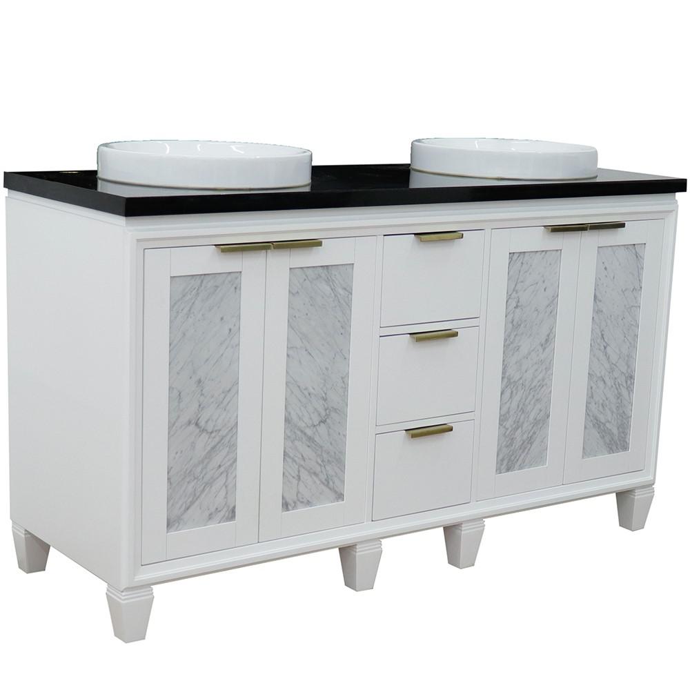 Double sink vanity in White with Black galaxy granite and rectangle sink. Picture 1