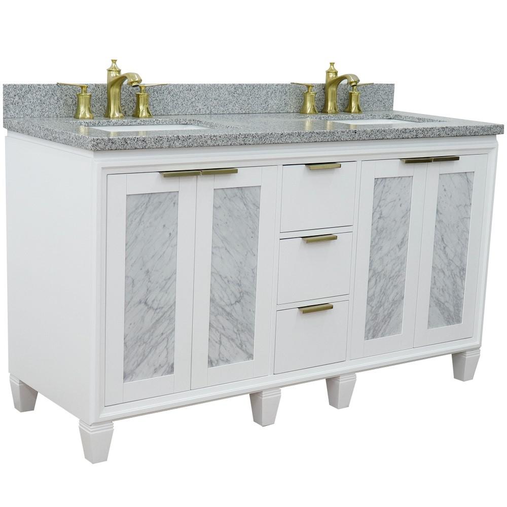 61 Double sink vanity in White finish with Gray granite and rectangle sink. Picture 6