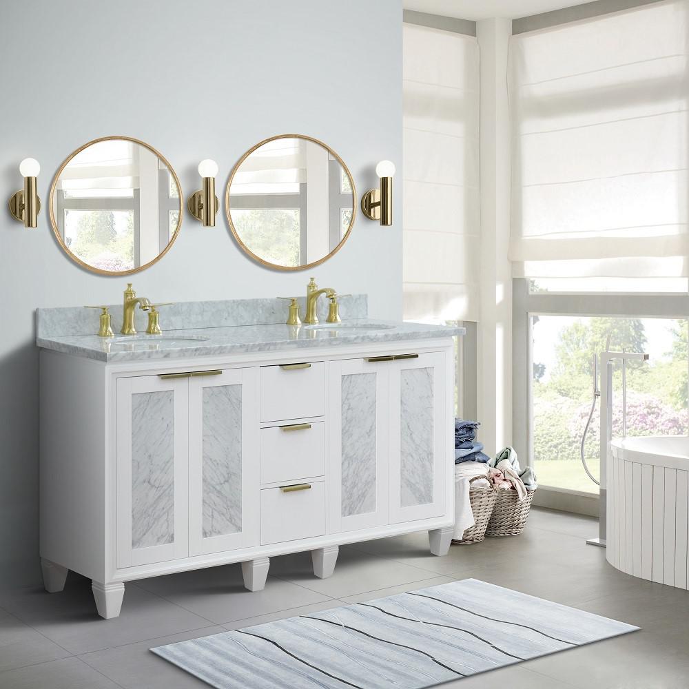 61 Double sink vanity in White finish with White Carrara marble and oval sink. Picture 2