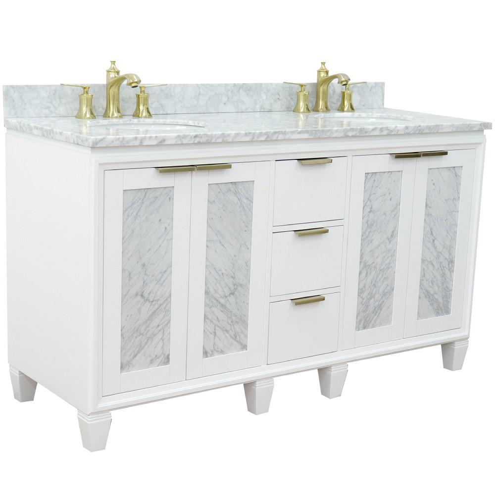 61 Double sink vanity in White finish with White Carrara marble and oval sink. Picture 6