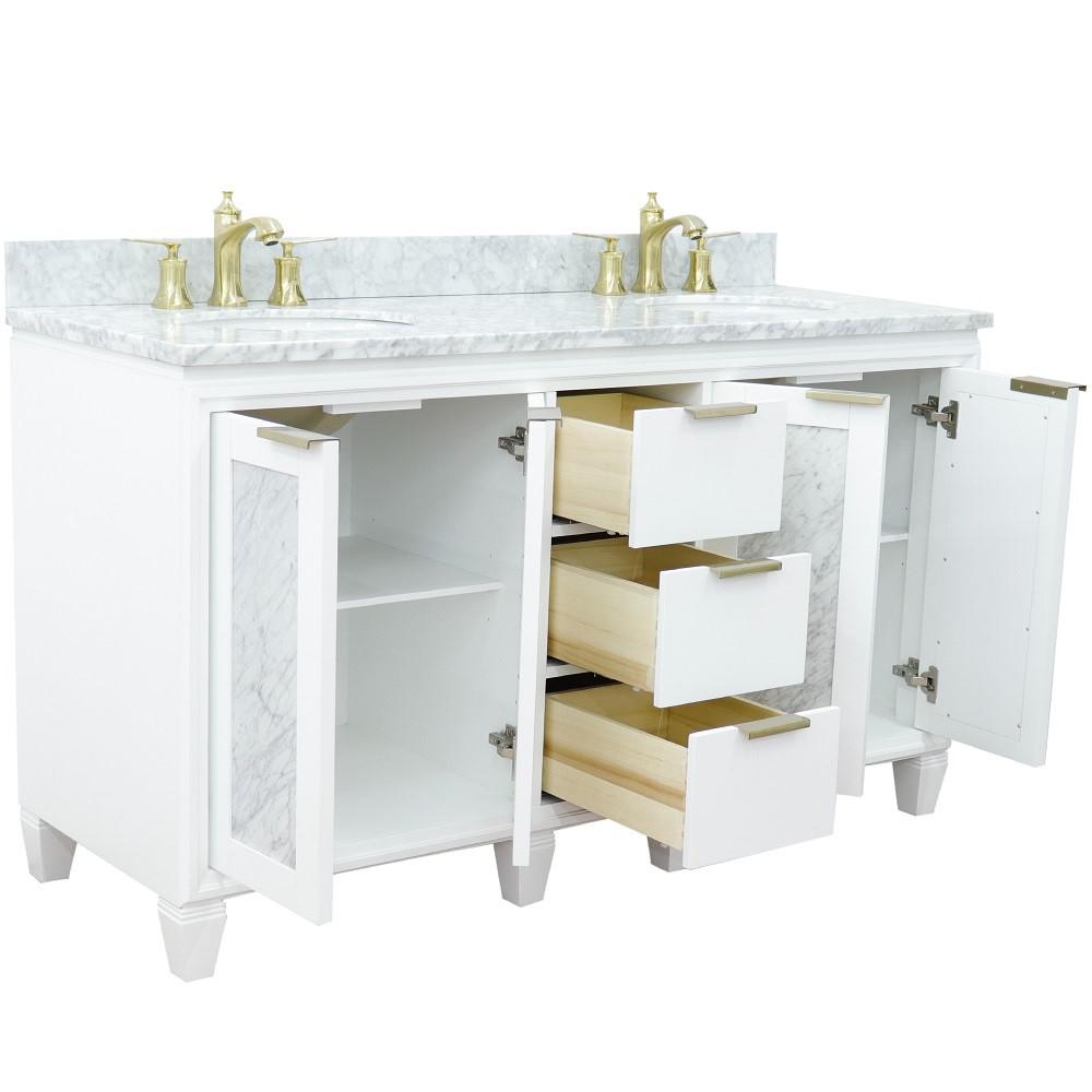 61 Double sink vanity in White finish with White Carrara marble and oval sink. Picture 7