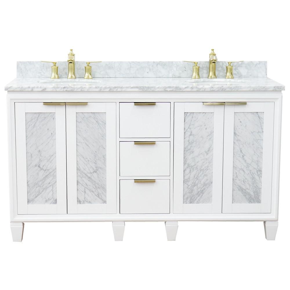 61 Double sink vanity in White finish with White Carrara marble and oval sink. Picture 8