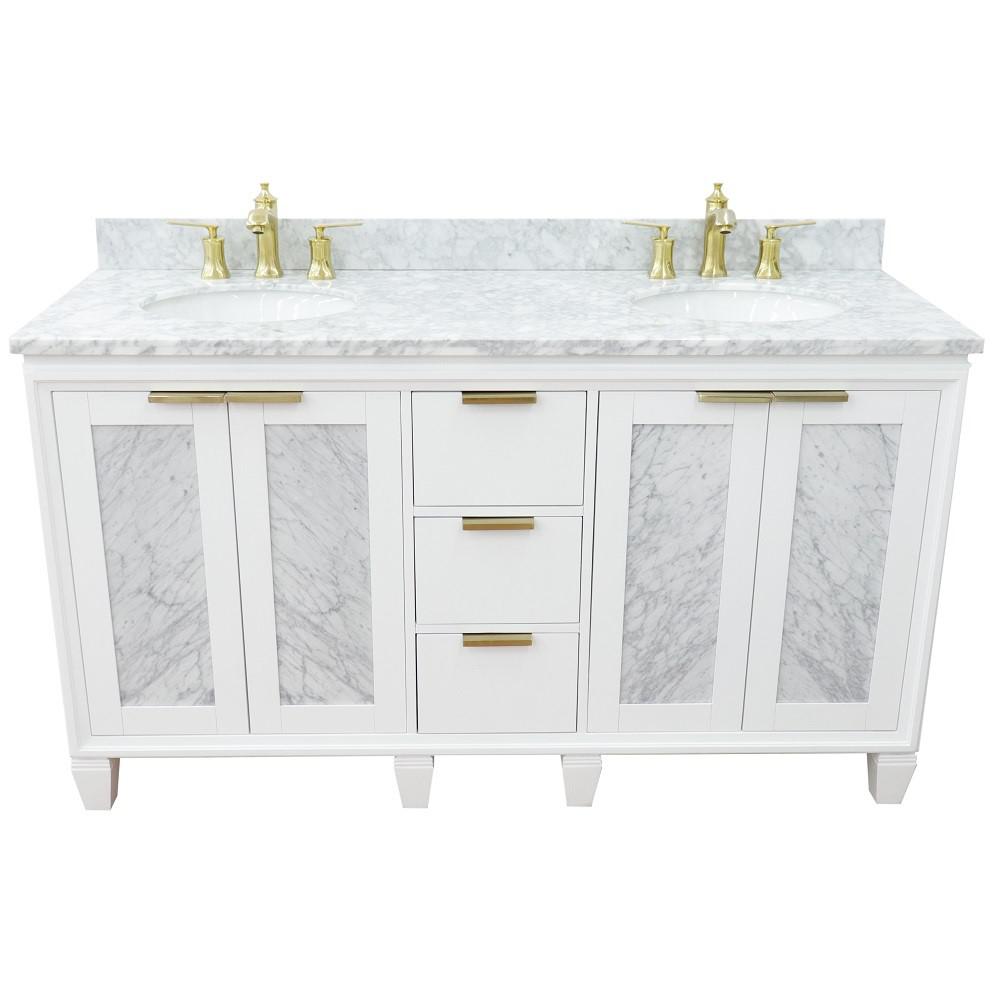 61 Double sink vanity in White finish with White Carrara marble and oval sink. Picture 11