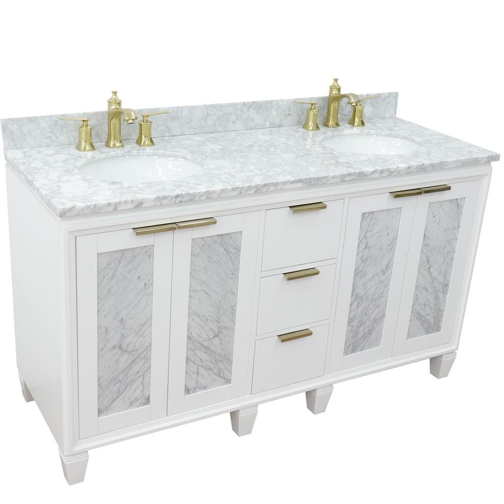 61 Double sink vanity in White finish with White Carrara marble and oval sink. Picture 12